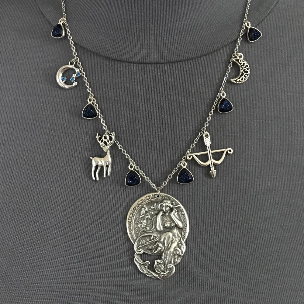 Artemis Diana Greek Roman Goddess of Moon & Hunt Handmade Necklace, Blue Druzy